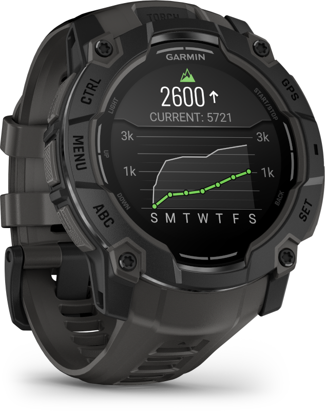 Garmin óra lépéseket és diagramot mutat, fekete-szürke dizájnnal.