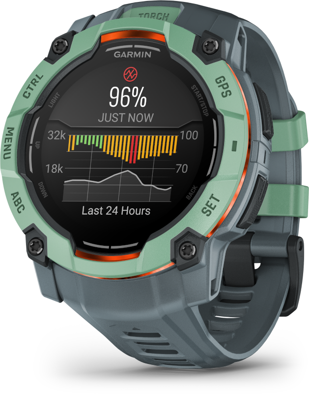 Okosóra zöld és szürke dizájnnal. Pulzust és diagramot mutat. Garmin logó látható.