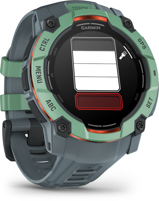 Garmin óra zöld kerettel, akkumulátor jelzővel és gombokkal.