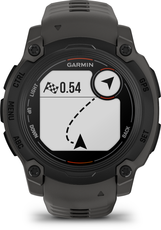 Garmin óra a képernyőn megjelenített térképpel, gombokkal és fekete kerettel.
