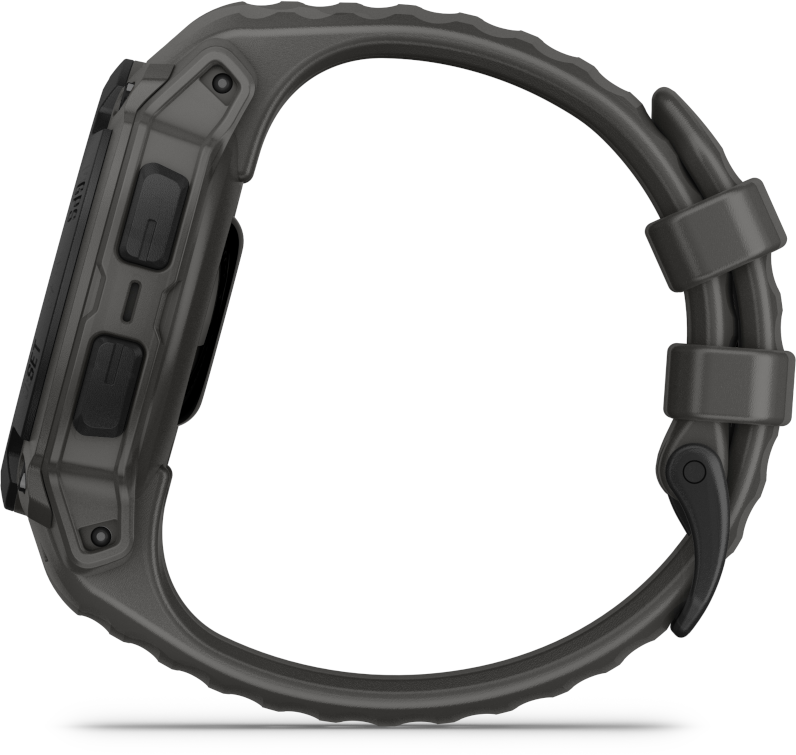 A Garmin óra oldalsó nézete, bemutatva ívelt kialakítását és a szíj rögzítését.