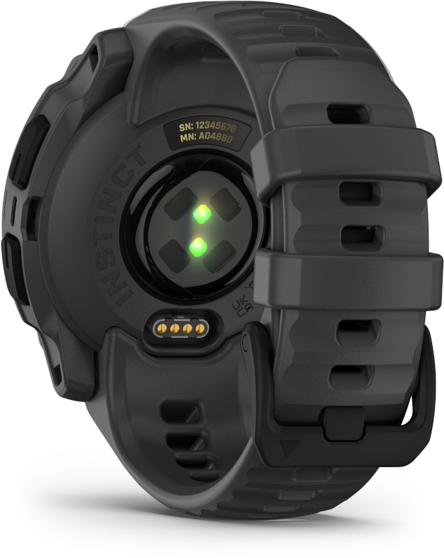 Fekete Garmin óra, hátulnézet, a pulzusmérővel és a töltőérintkezőkkel.