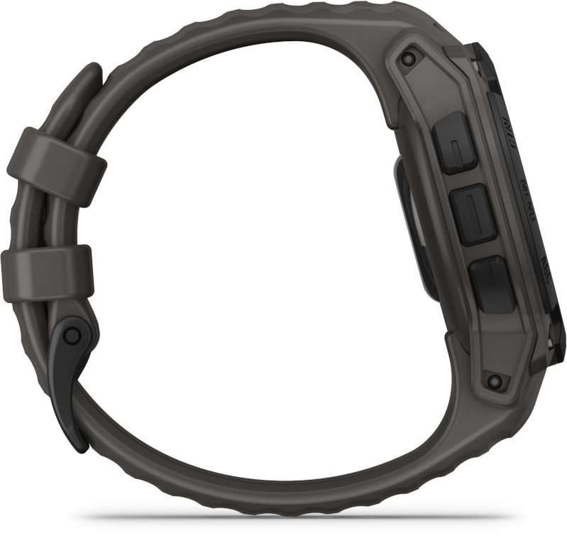 Sötétszürke Garmin okosóra oldalsó profilja, szíjjal. Gombok láthatók az oldalon.