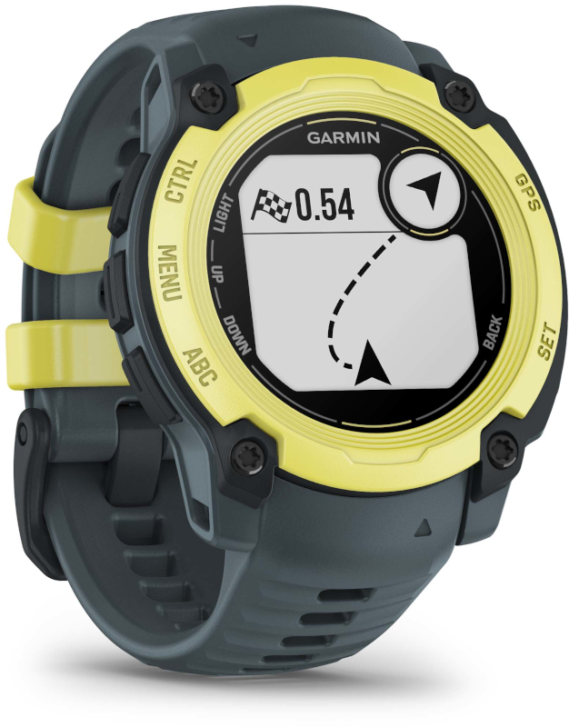 Egy Garmin Instinct óra sárga kerettel. Az óra térképet mutat.