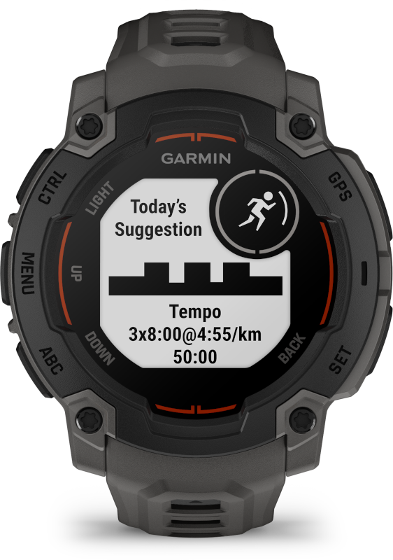 Egy Garmin okosóra, amely futási mutatókat jelenít meg, beleértve az időt és a tempót.
