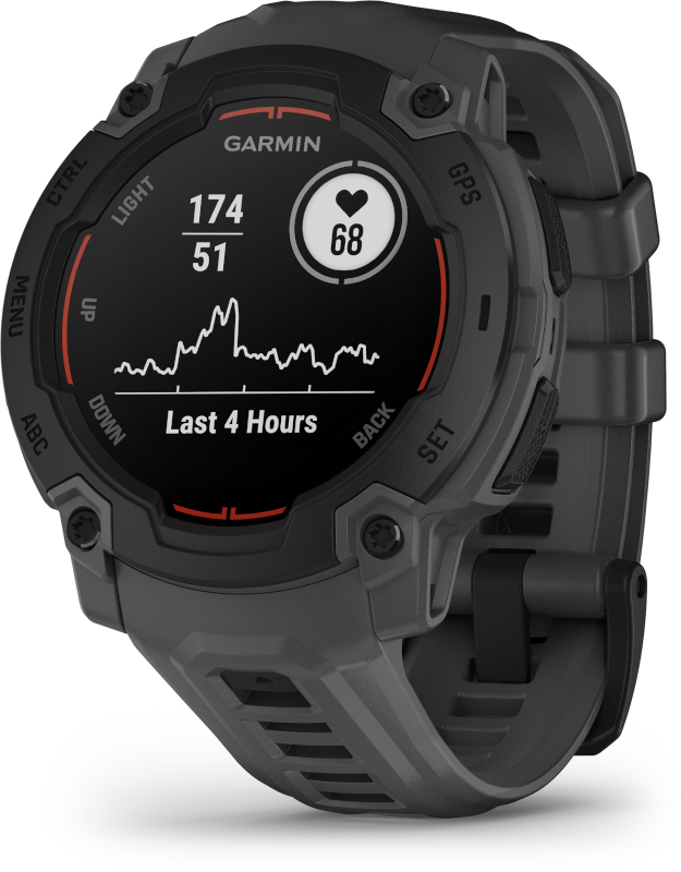 A Garmin óra statisztikákat jelenít meg: pulzusszám 68, 174, 51. A szíj szürke, a képernyő fekete, narancssárga és fehér részletekkel.
