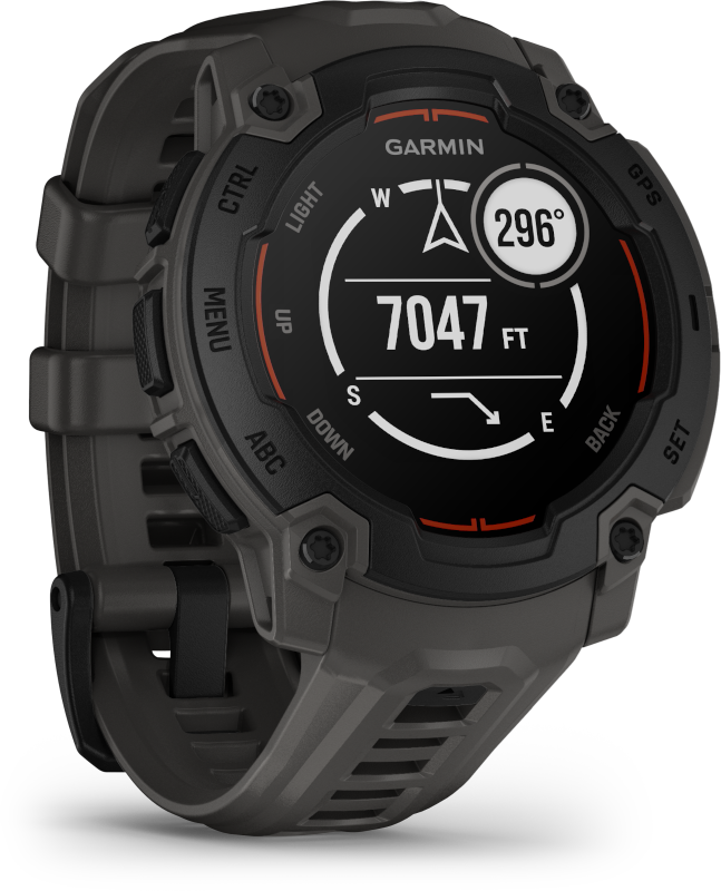 Garmin óra gombokkal, a képernyőn a magasság és az iránytű iránya látható.