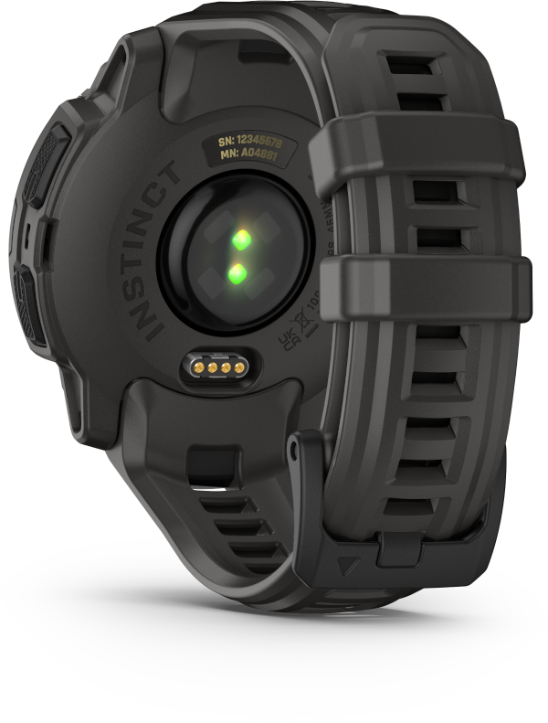 Egy fekete Garmin Instinct okosóra hátulja érzékelőkkel és pánttal.
