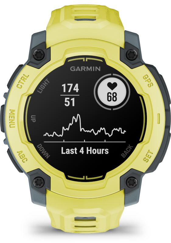 Sárga Garmin okosóra, szívritmust és aktivitási adatokat mutat a képernyőjén.
