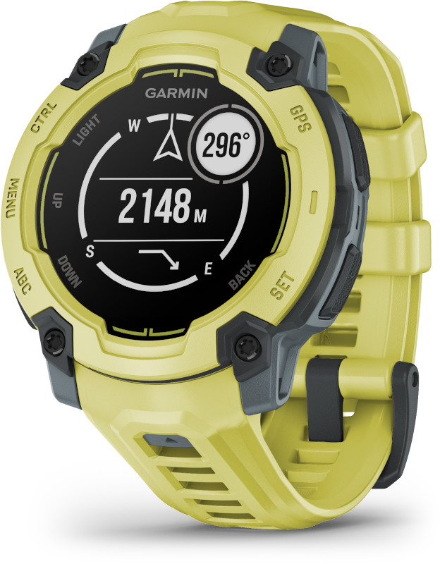 Egy sárga Garmin Instinct okosóra fekete képernyővel. Az órán különböző gombok és részletek találhatók.