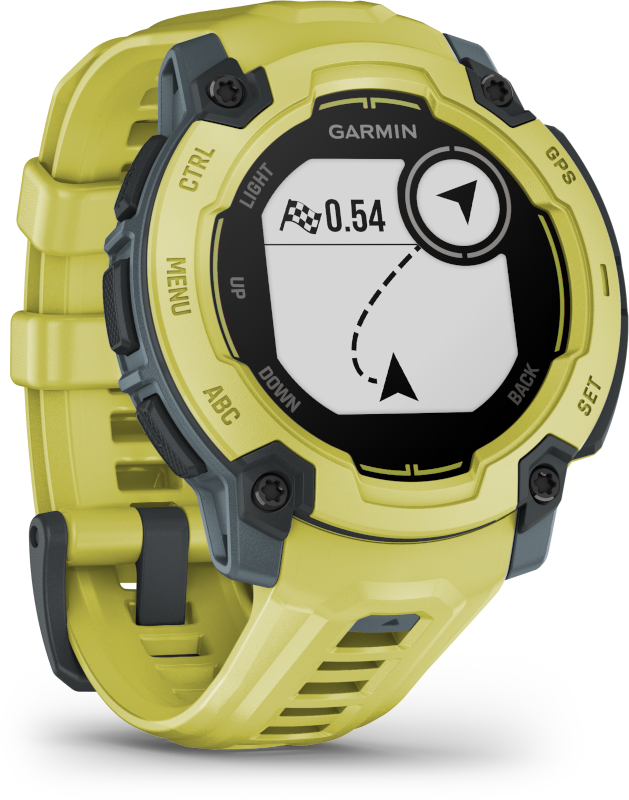 Egy sárga Garmin Instinct óra térkép kijelzővel és különböző gombokkal.