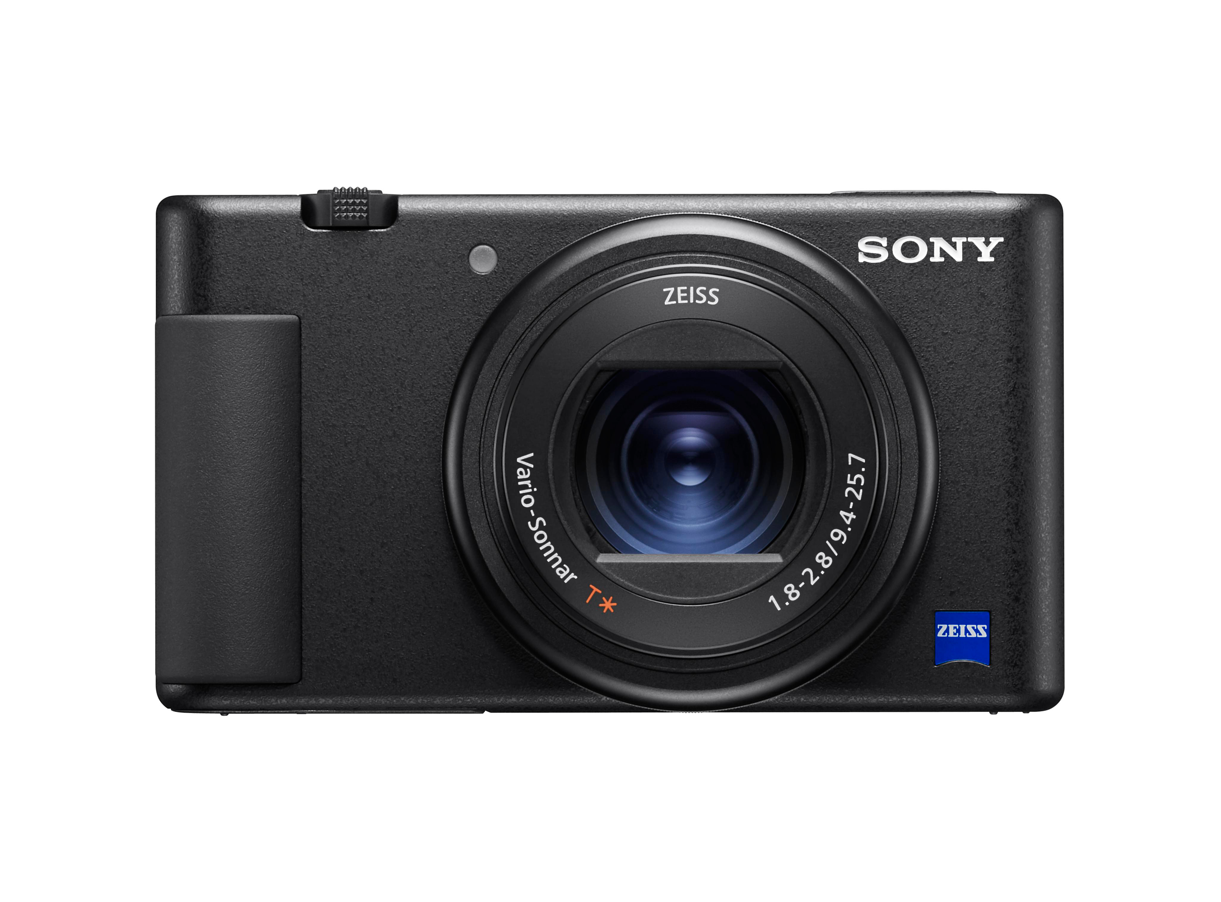 Schwarze Sony Kamera mit ZEISS-Objektiv. Frontansicht mit Objektivdetails, kleiner Griff.