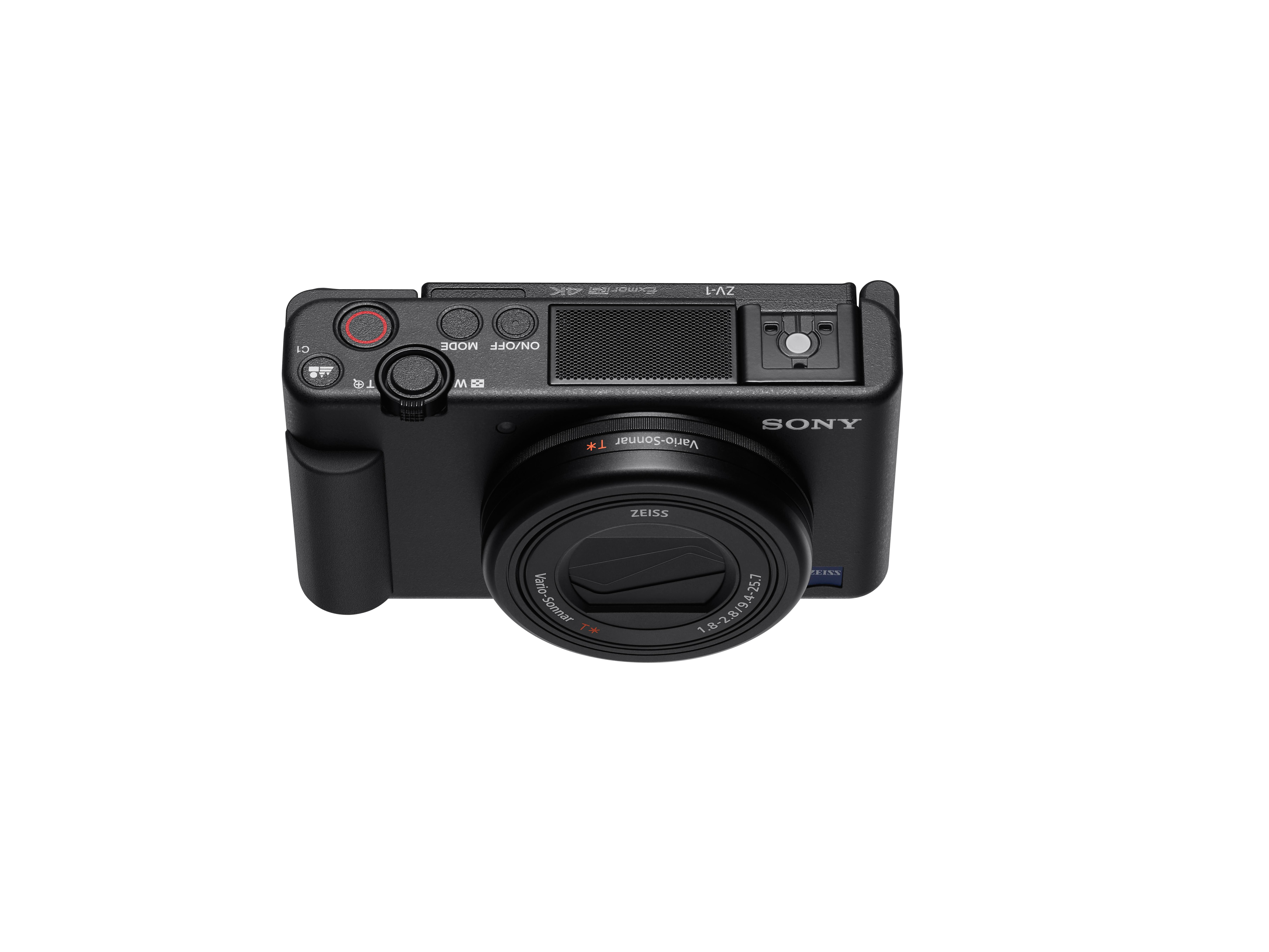 Schwarze Sony-Kamera auf weißem Hintergrund. Sie hat ein Objektiv, Knöpfe und einen Griff.