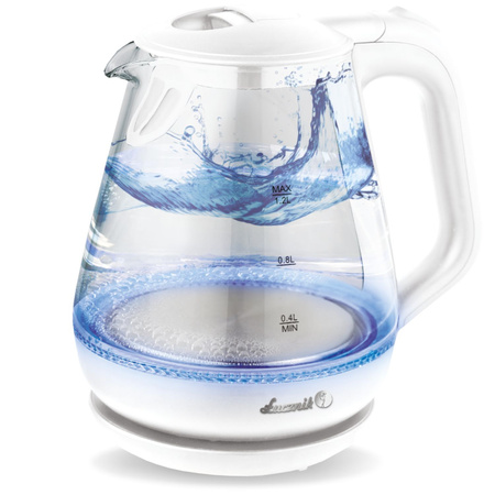 Biały czajnik elektryczny z wodą, wrzący i efekt rozprysku.