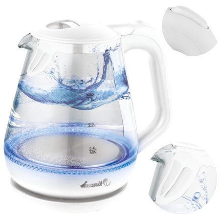 Szklany czajnik elektryczny wypełniony wodą, z dwoma zbliżeniami pokrywy.