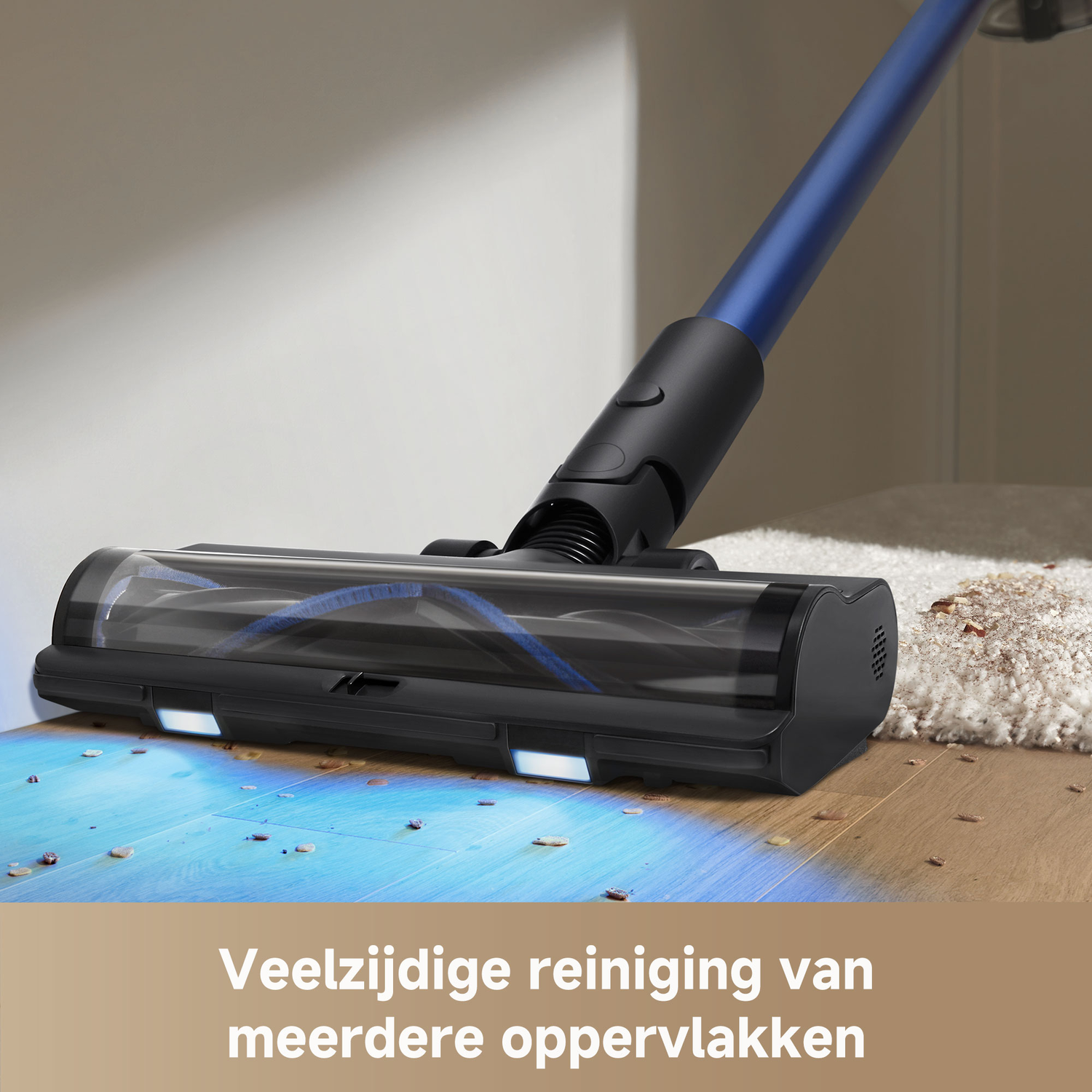 A black and blue vacuum cleaner cleaning a wooden floor. Dust and crumbs are scattered around. The text says 'Versatile cleaning of multiple surfaces'.