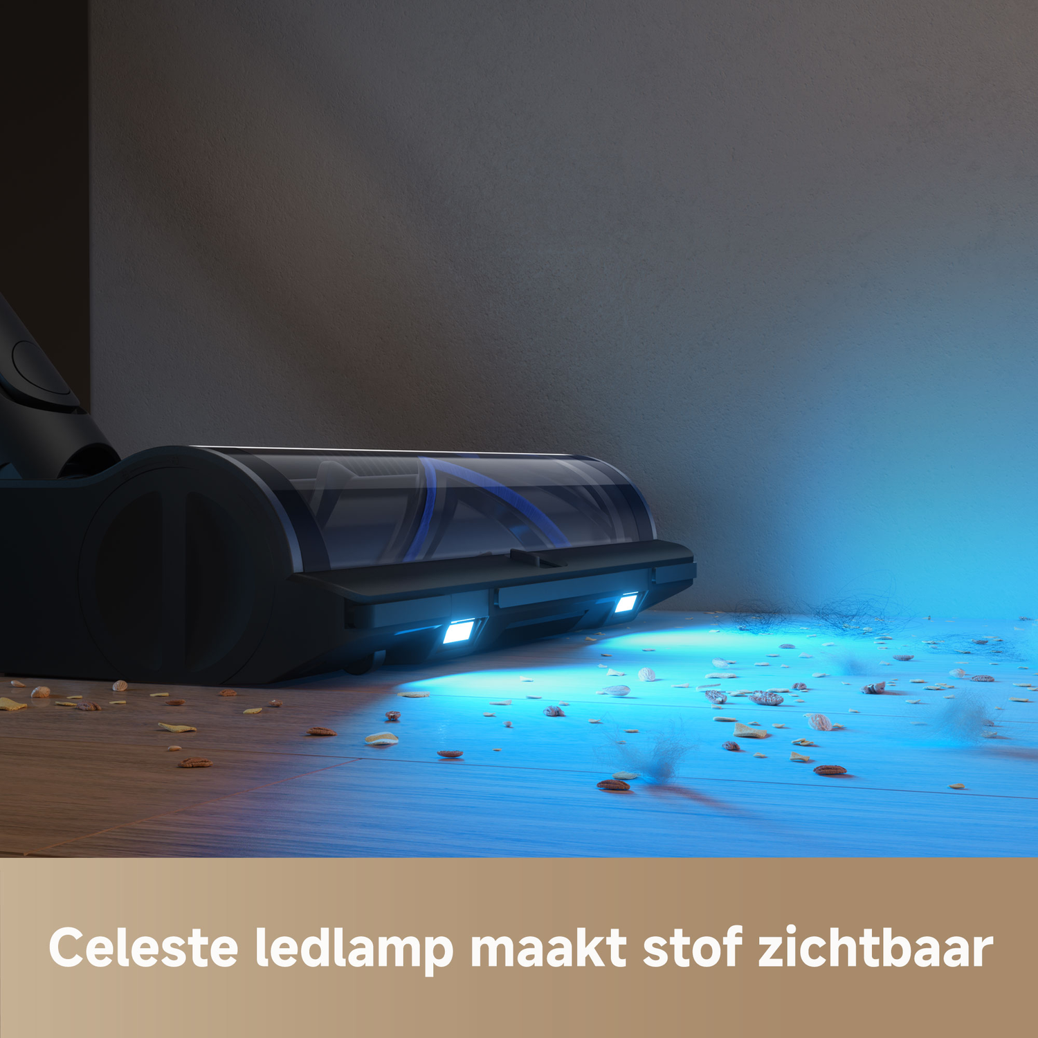 A vacuum cleaner head with a blue light illuminating dust particles on a wooden floor. The background is a wall.