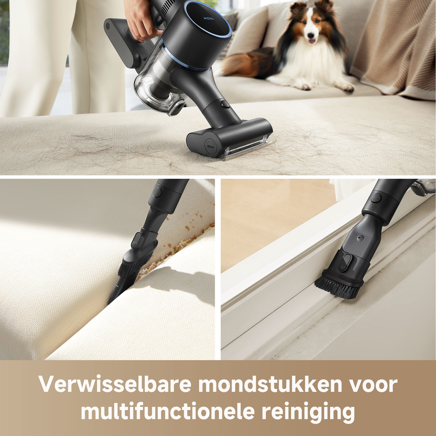 A person uses a black vacuum cleaner on a beige couch. A dog is in the background. Other images show cleaning different areas.