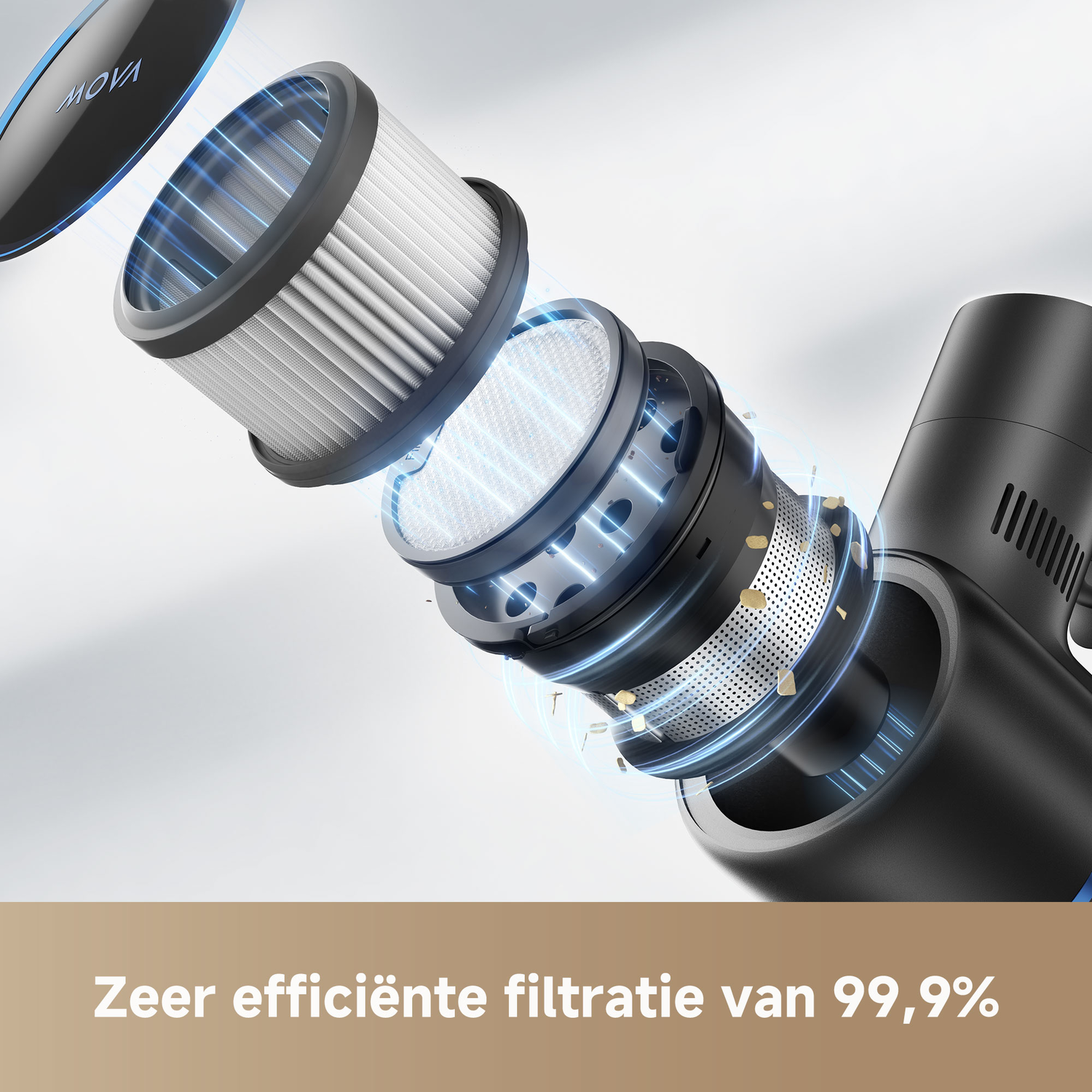 An exploded view of a vacuum cleaner filter assembly, highlighting filtration layers. Blue lines show air flow. Text reads: 'Very efficient filtration of 99.9%'