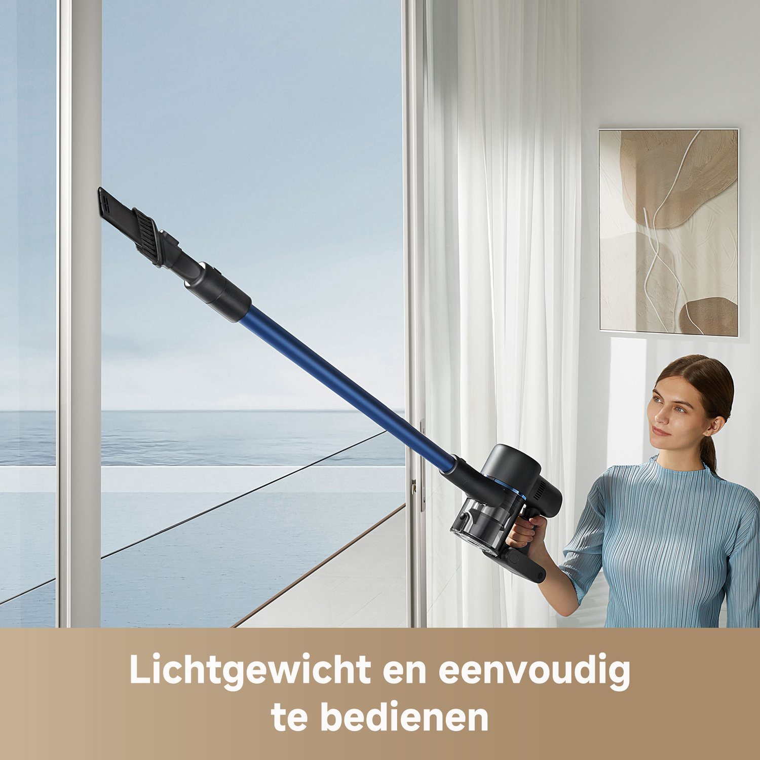A woman vacuums a window frame with a blue and black vacuum cleaner. The sea is visible through the window. The text says 'Lightweight and easy to use'.