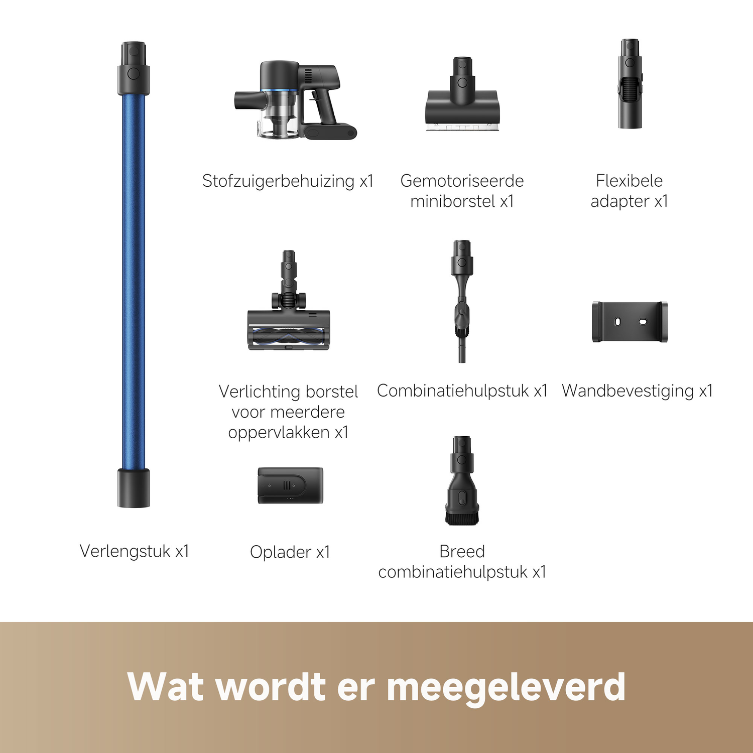 Image shows vacuum cleaner parts: main body, extension, various brushes, charger, and wall mount. Text says 'What is included'.