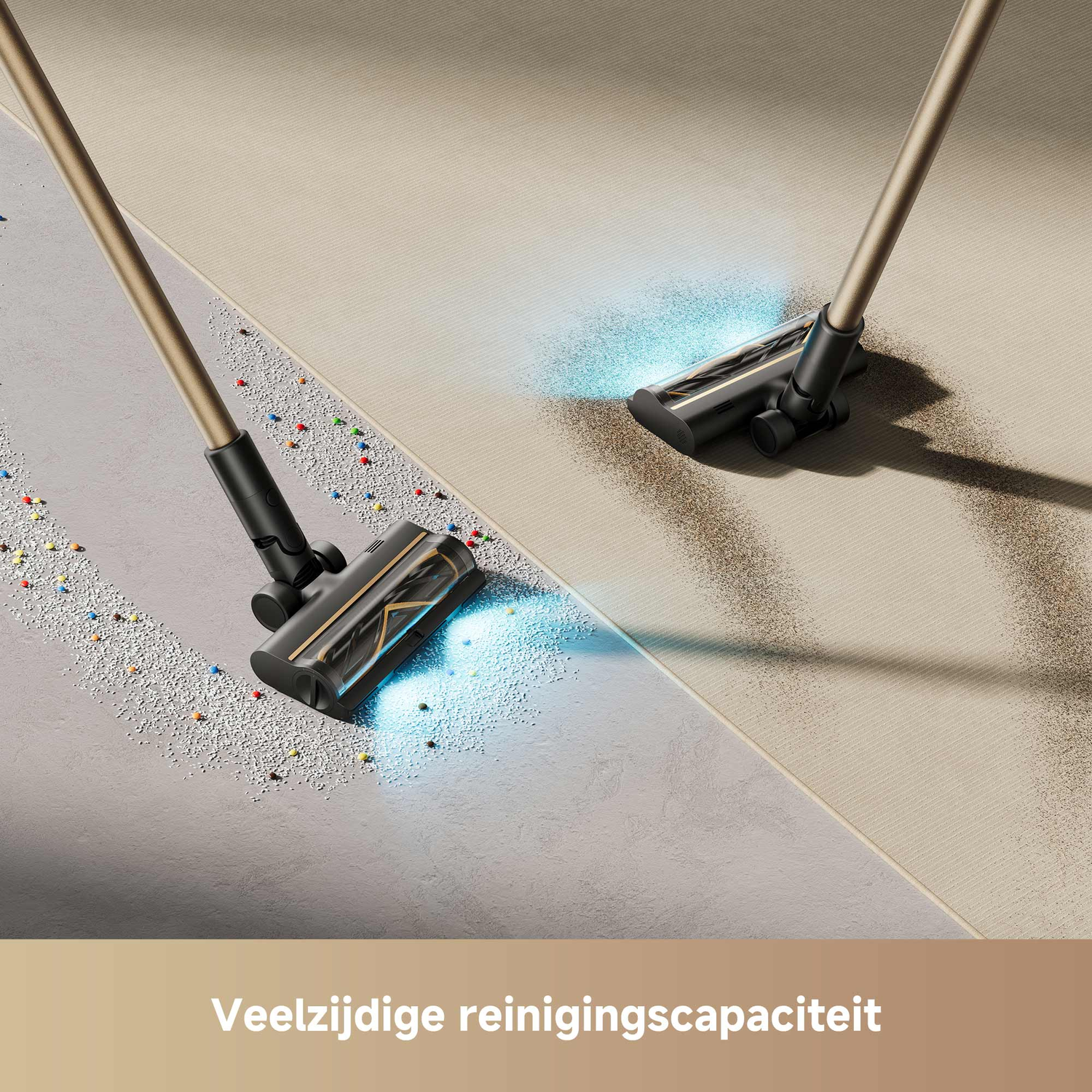 Two vacuum cleaners cleaning. One on a gray surface with debris, the other on a beige rug. Both have illuminated heads.