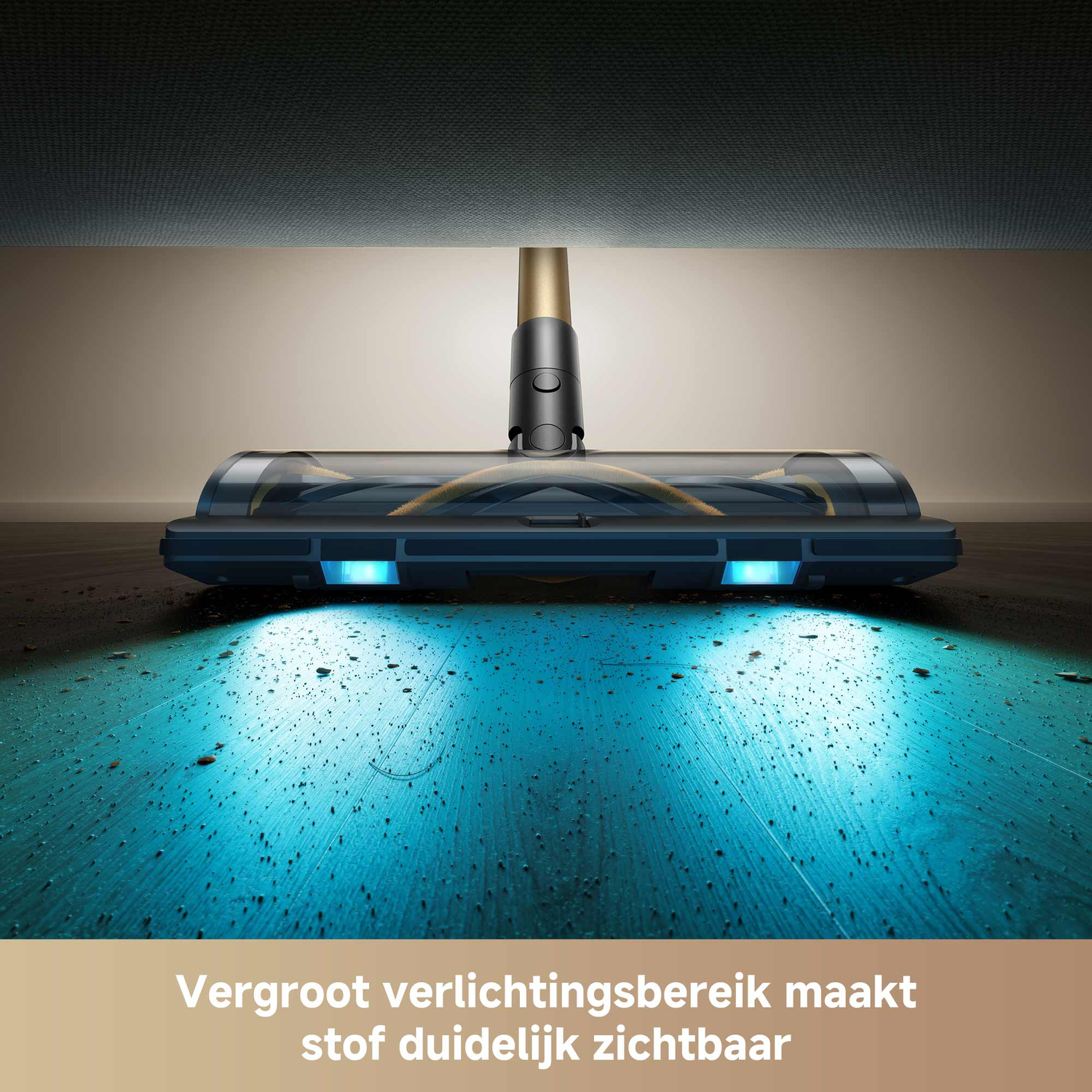 A vacuum cleaner head illuminates a wooden floor, highlighting dust. The background features a ceiling and wall.