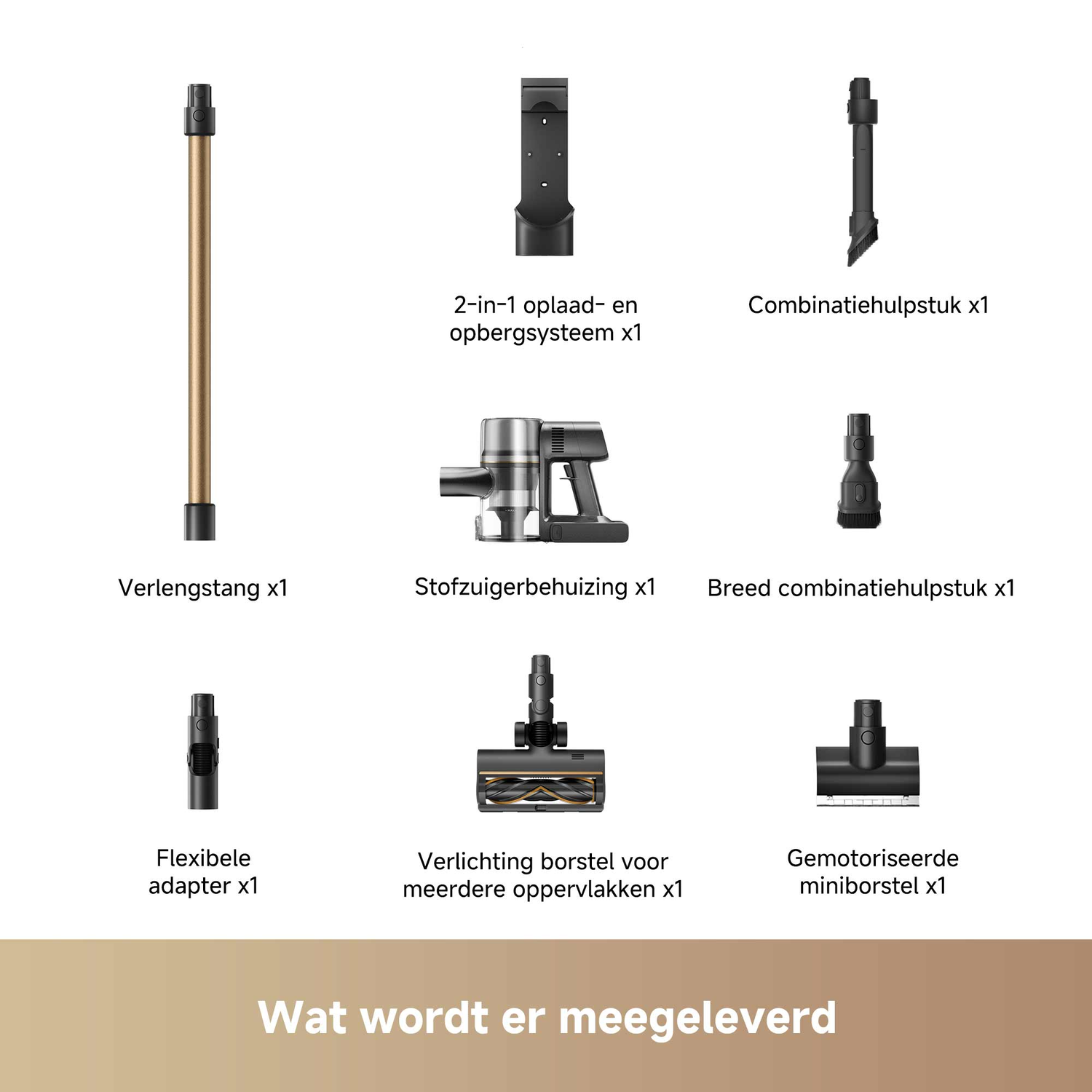 Image shows vacuum cleaner parts, including a long tube, a charging system, and various brush attachments.
