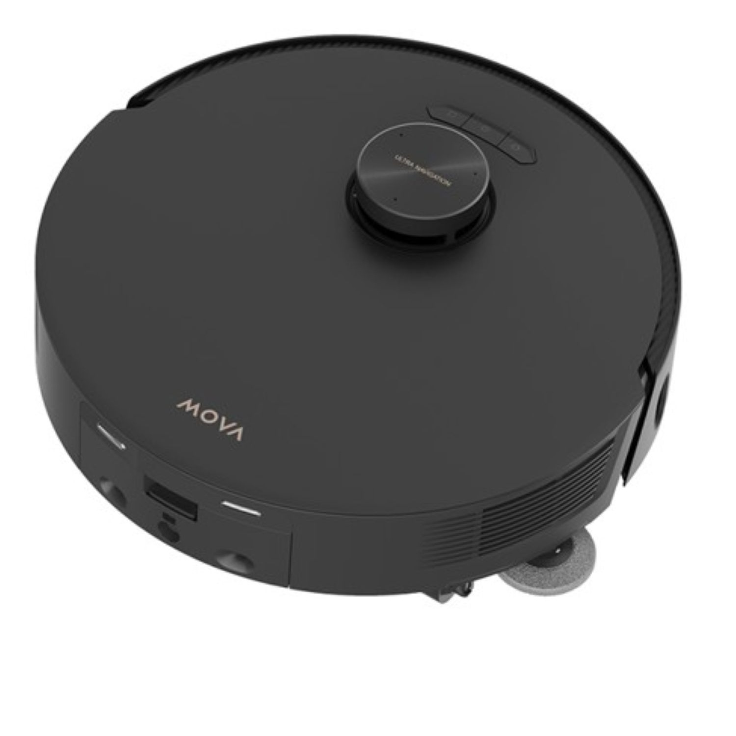 A black MOVA robot vacuum cleaner, viewed from above.