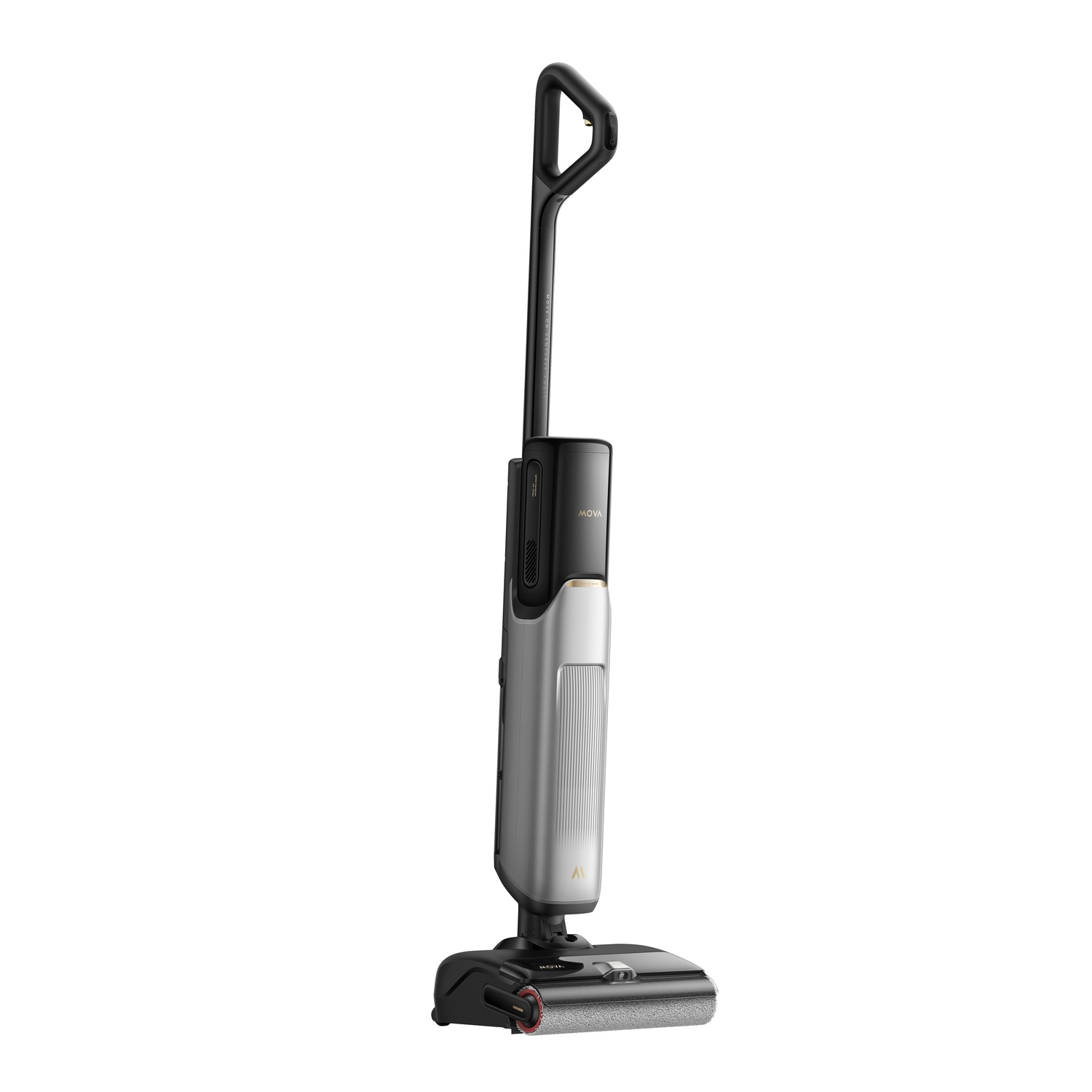 Upright vacuum cleaner, silver body, black handle.