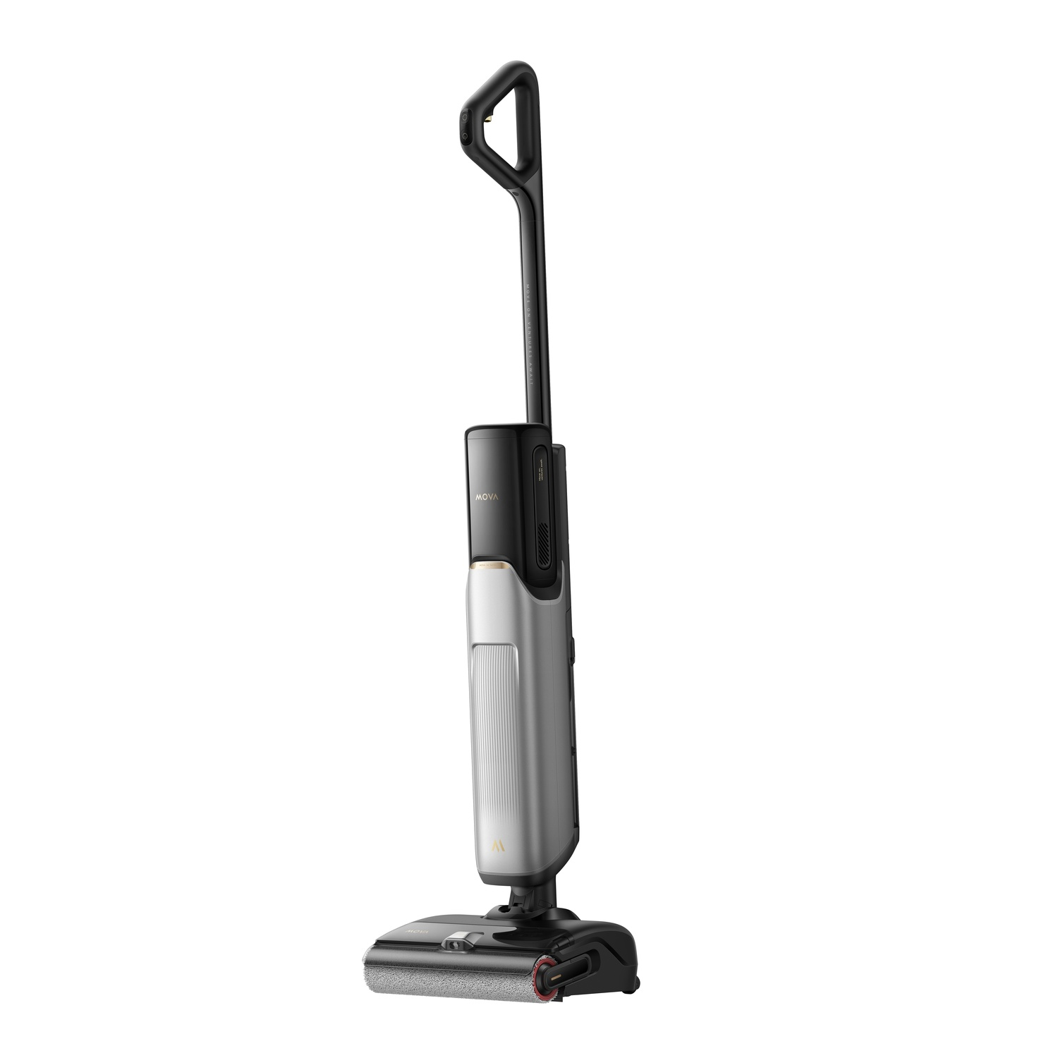 A silver and black upright vacuum cleaner on a white background, with a handle and cleaning head.