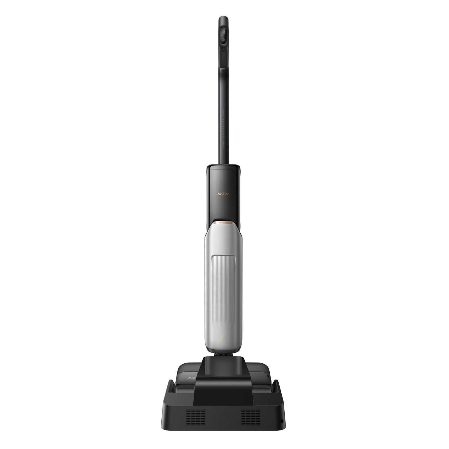 Upright vacuum cleaner, black and silver, with a long handle and a rectangular base.