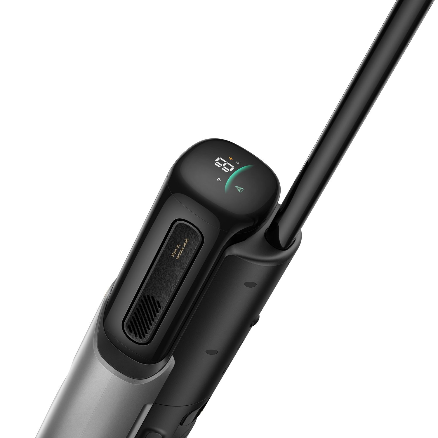Black and gray vacuum cleaner with a digital display showing battery and power indicators.
