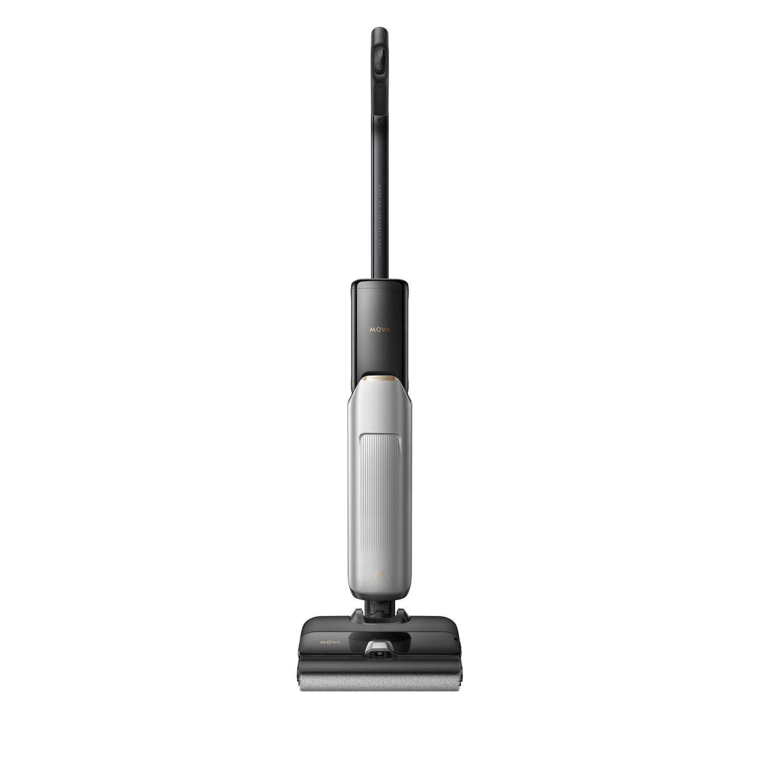Upright vacuum cleaner, silver and black, with a long handle and a brush at the base.