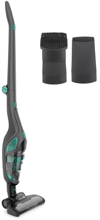 Szary i morski bezprzewodowy odkurzacz z akcesoriami na białym tle.