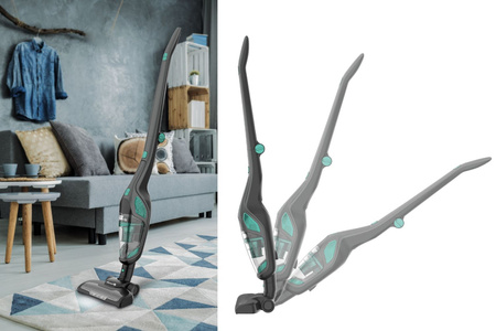 Odkurzacz w różnych pozycjach, pokazujący proces czyszczenia.