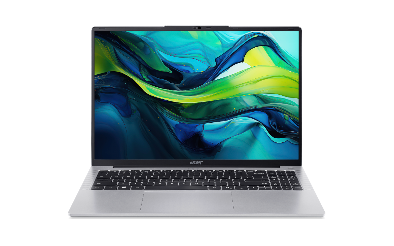 Silberner Acer Laptop offen, Tastatur und Bildschirm zeigend. Bildschirm zeigt abstrakte grüne und gelbe Formen.