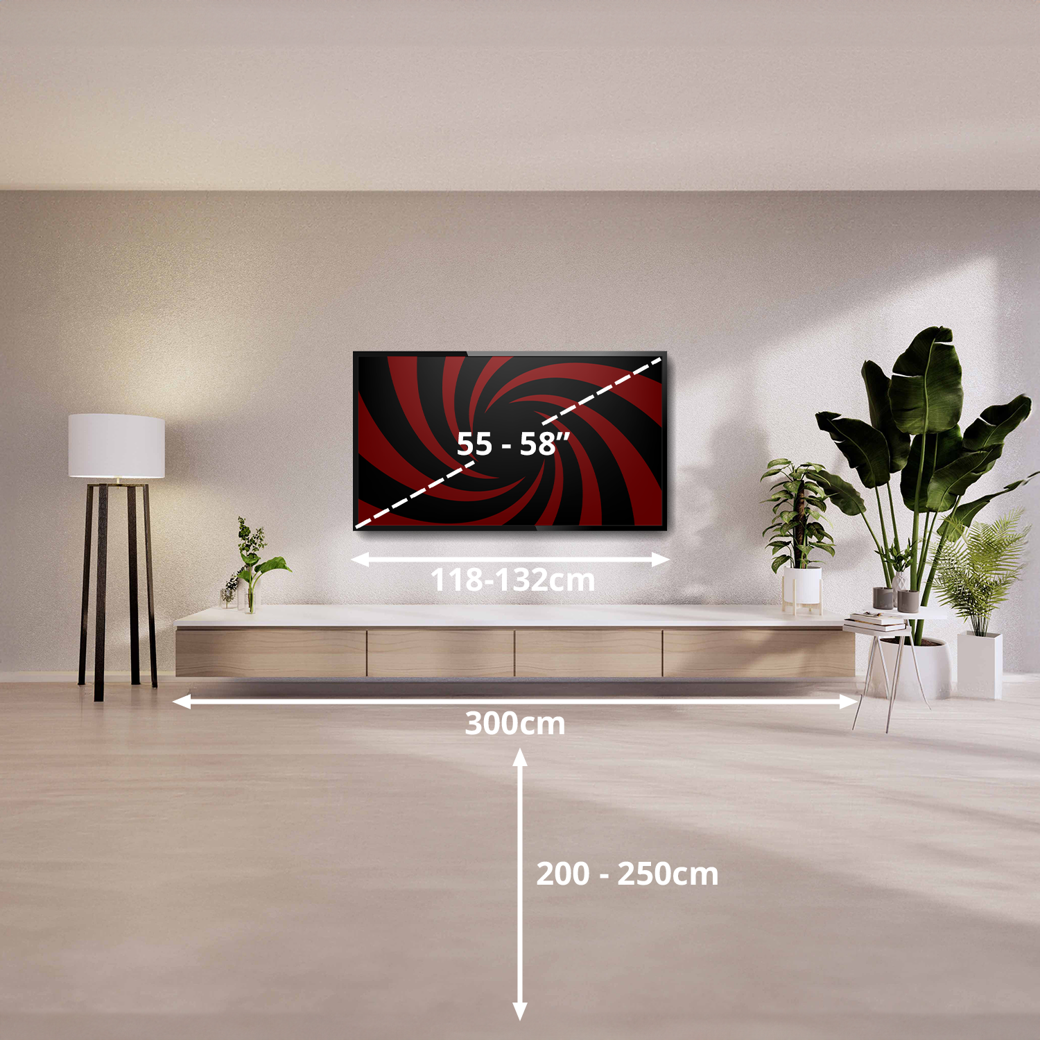 Salon z telewizorem na szafce. Podano wymiary, pokazujące rozmiary.