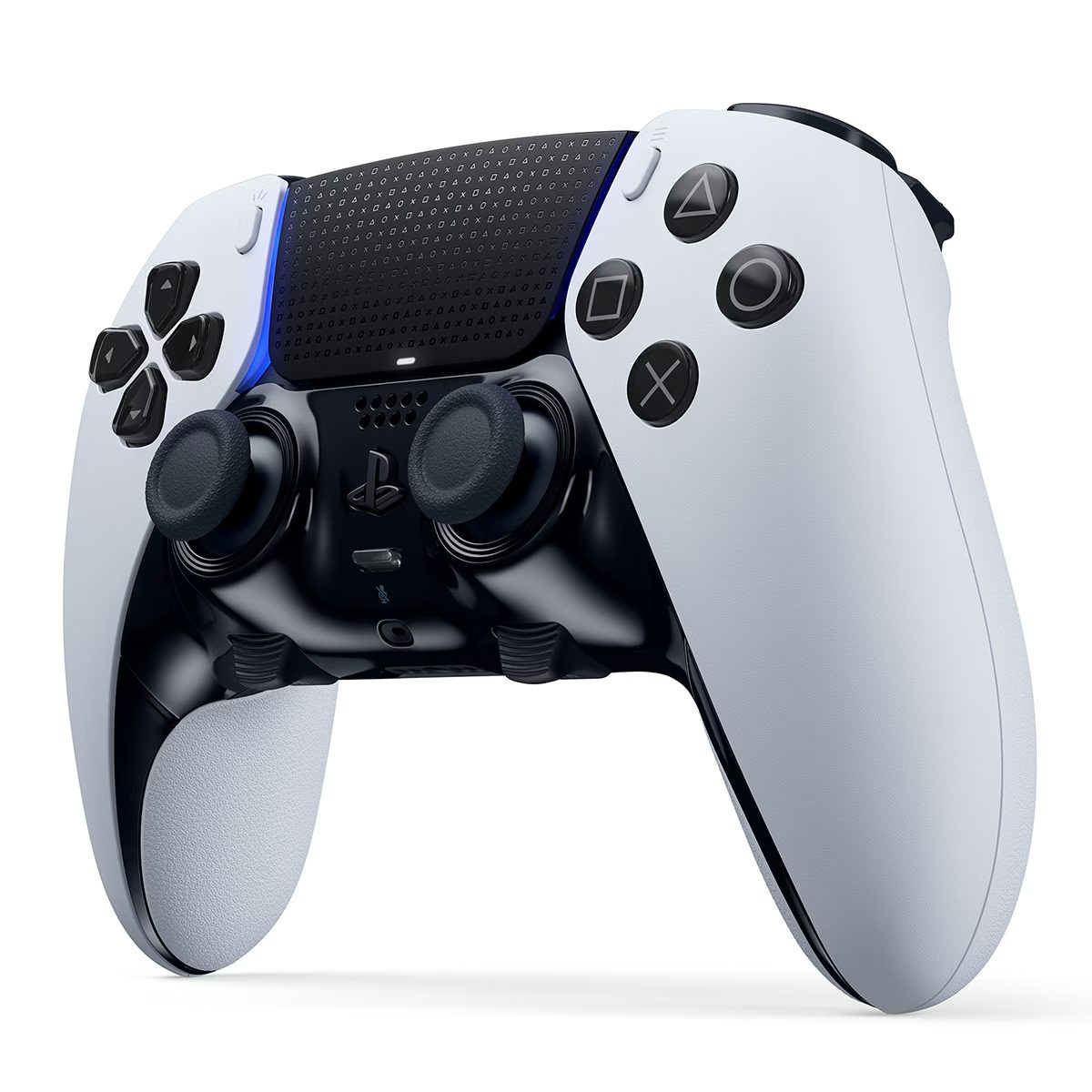 Mando de juegos blanco y negro con botones. La parte superior tiene una sección negra.