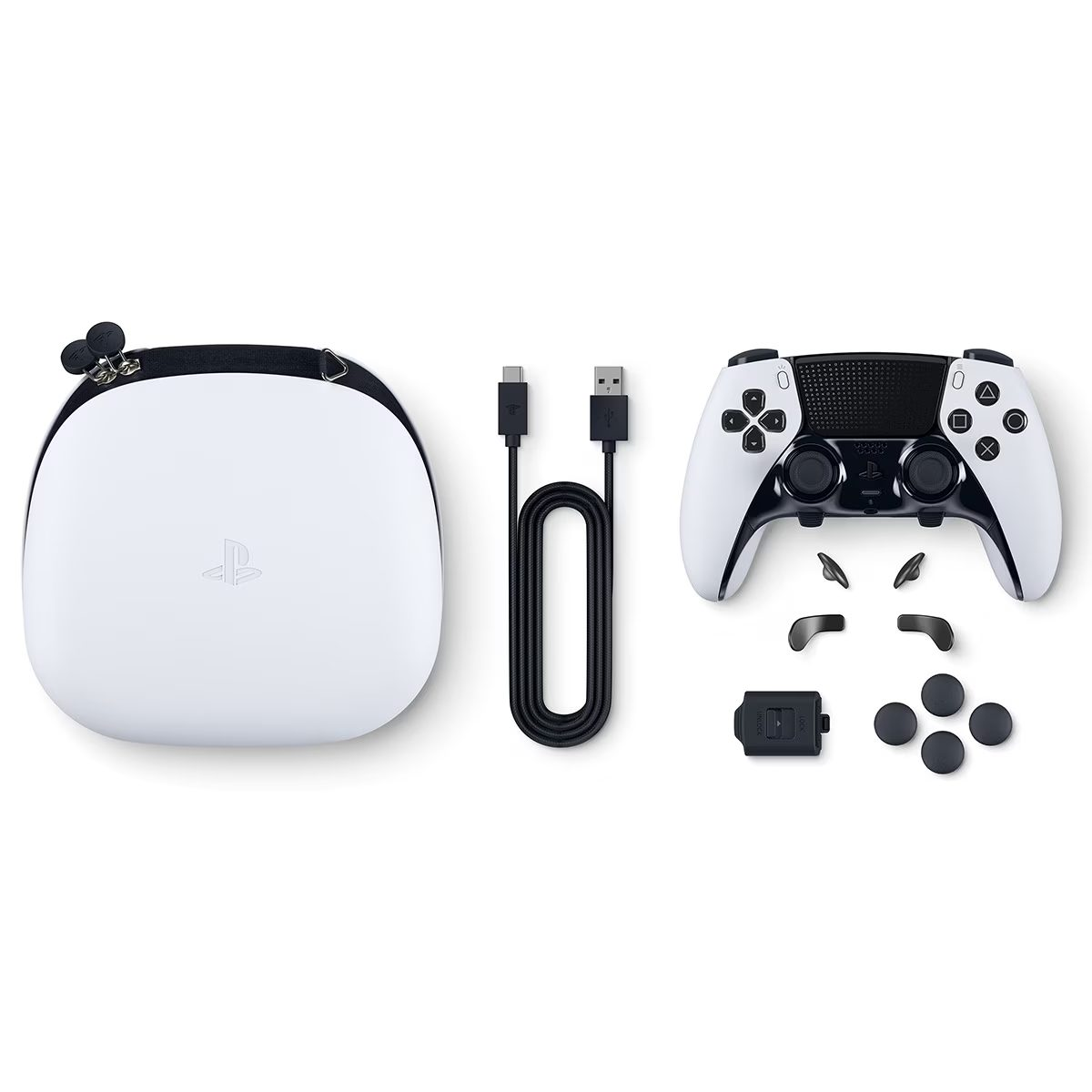 Controlador Edge de PlayStation blanco, estuche, cable y accesorios.