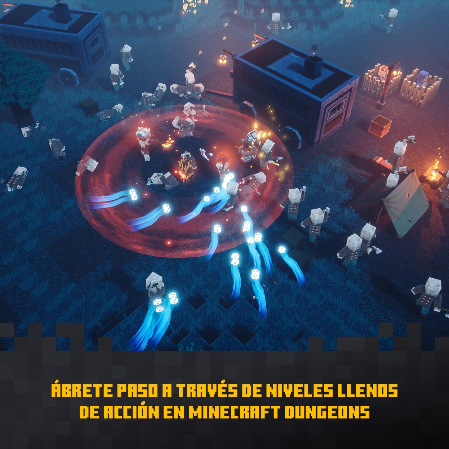 Imagen de Minecraft Dungeons. Personajes en batalla. Escena de acción.