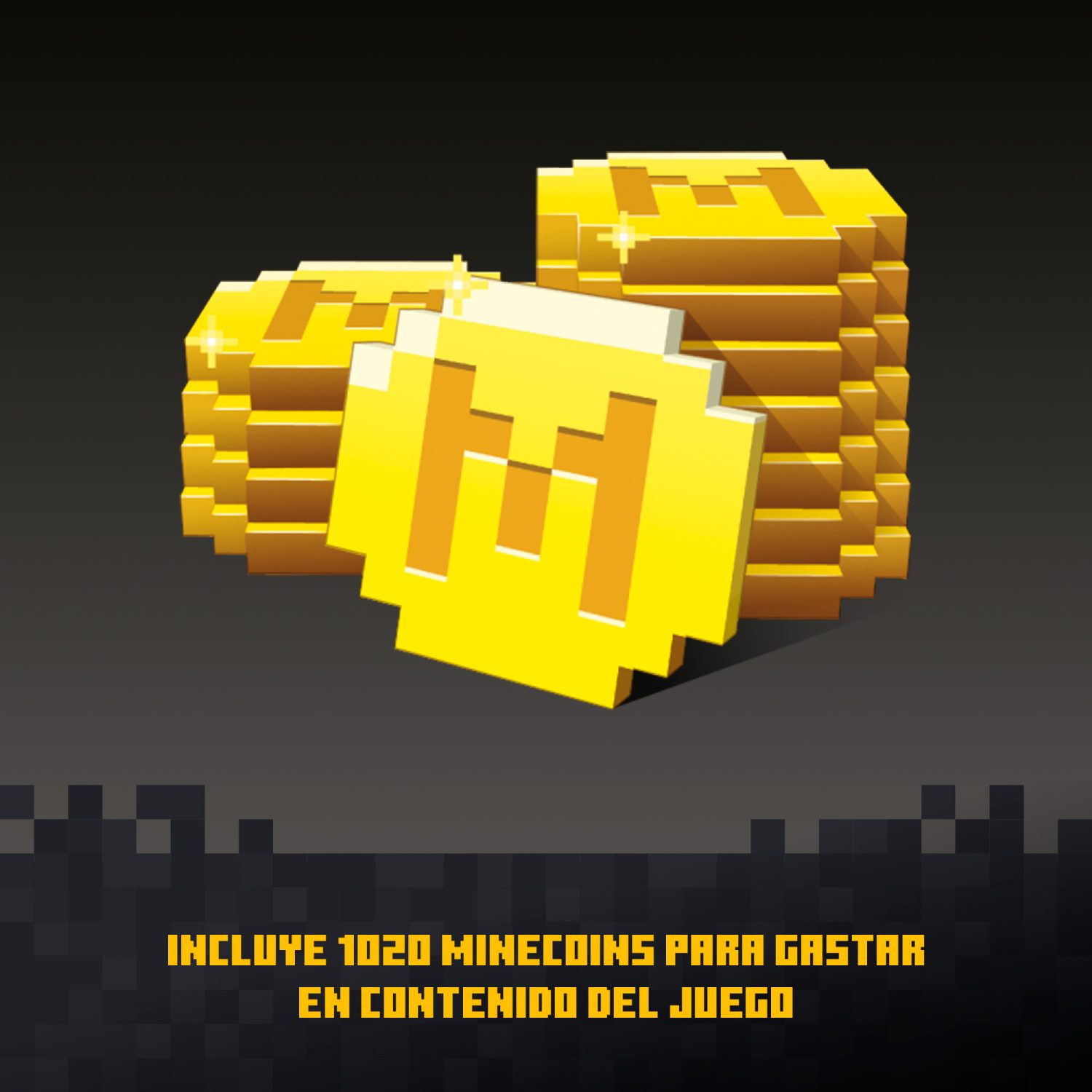 Monedas amarillas pixeladas apiladas. El texto dice: 'INCLUYE 1020 MINICOINS PARA GASTAR EN CONTENIDO DEL JUEGO.'
