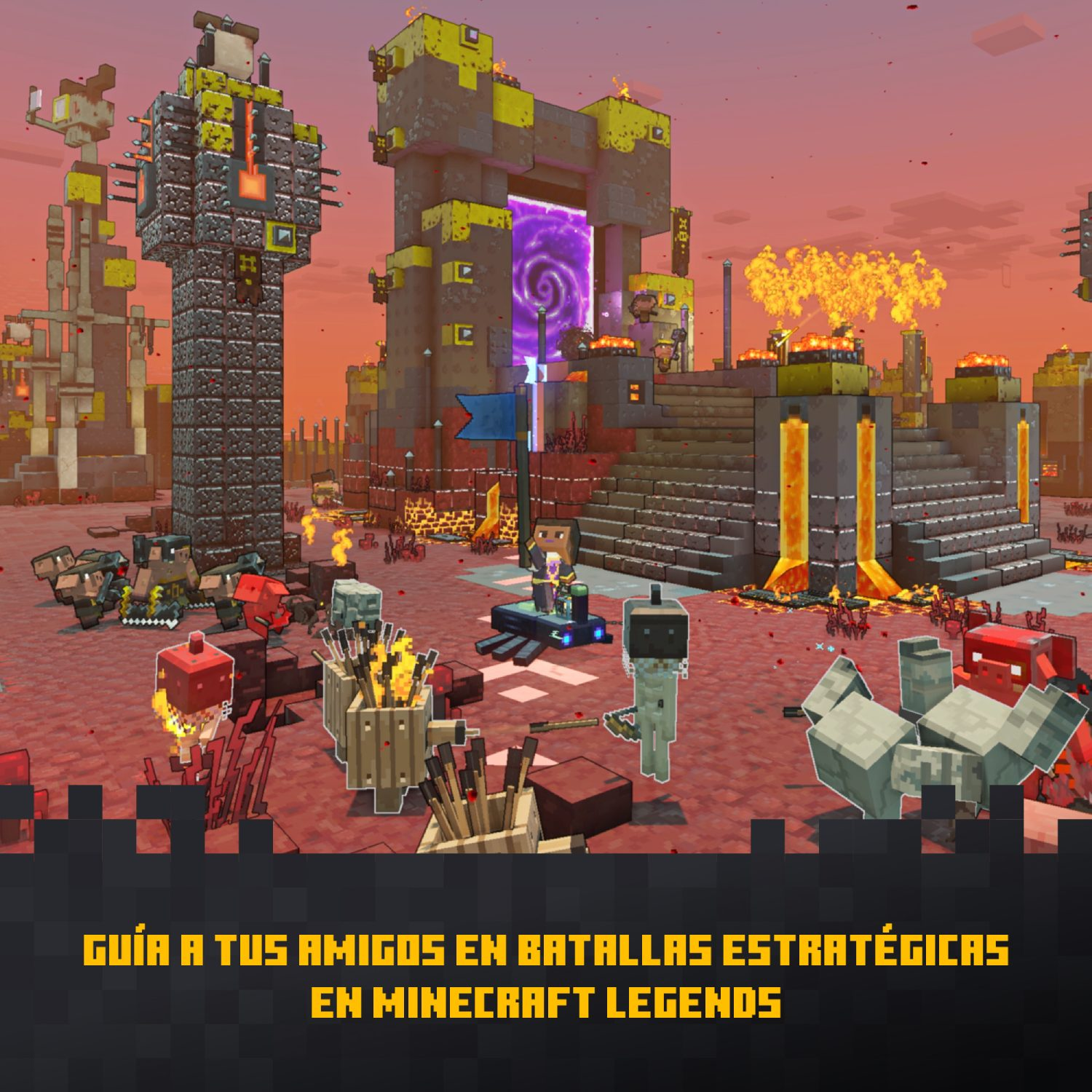 Imagen de Minecraft Legends con personajes y estructuras, fondo naranja y texto en español.