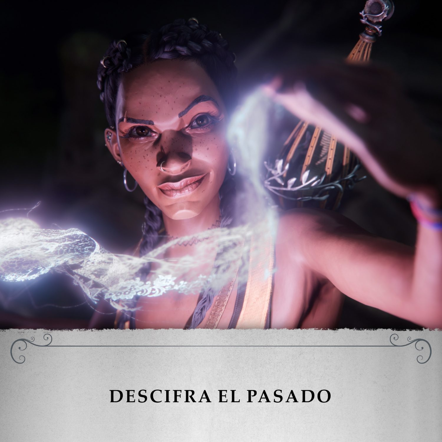 Una mujer corriendo de una gran bestia en una escena dinámica.