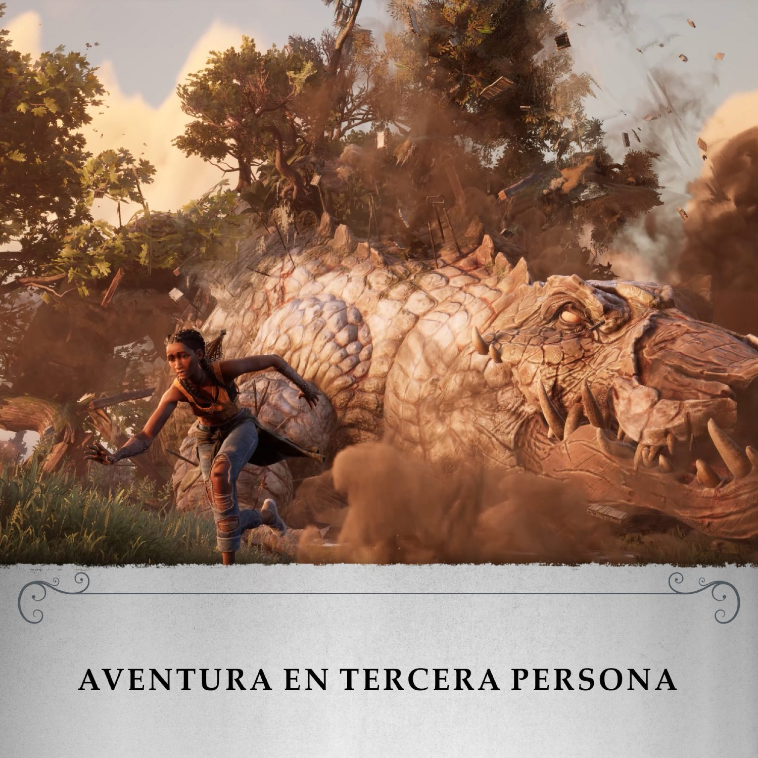 Una mujer huye de un reptil gigante en una escena de bosque, con texto 'AVENTURA EN TERCERA PERSONA'.