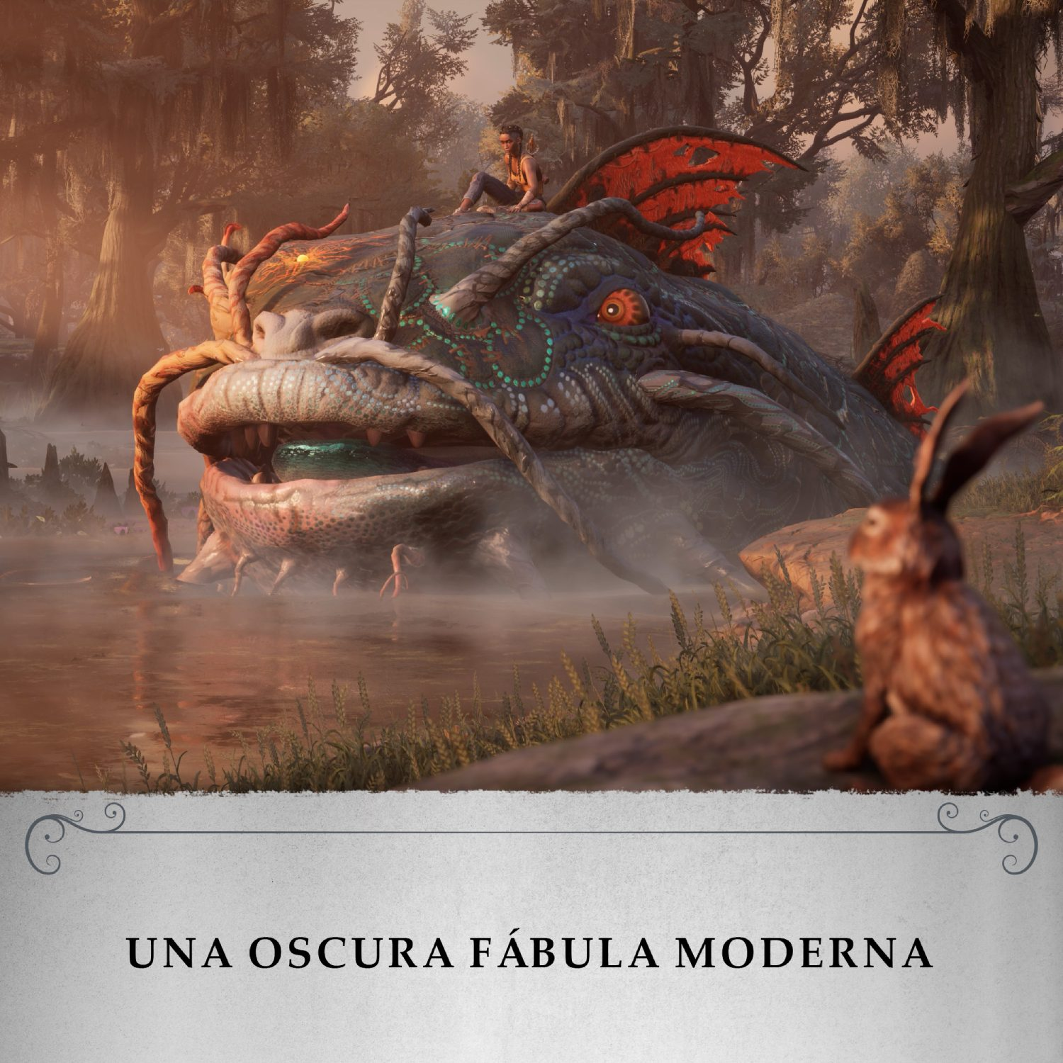 Una escena surrealista: una criatura monstruosa en el agua, con una persona encima, conejo en primer plano.