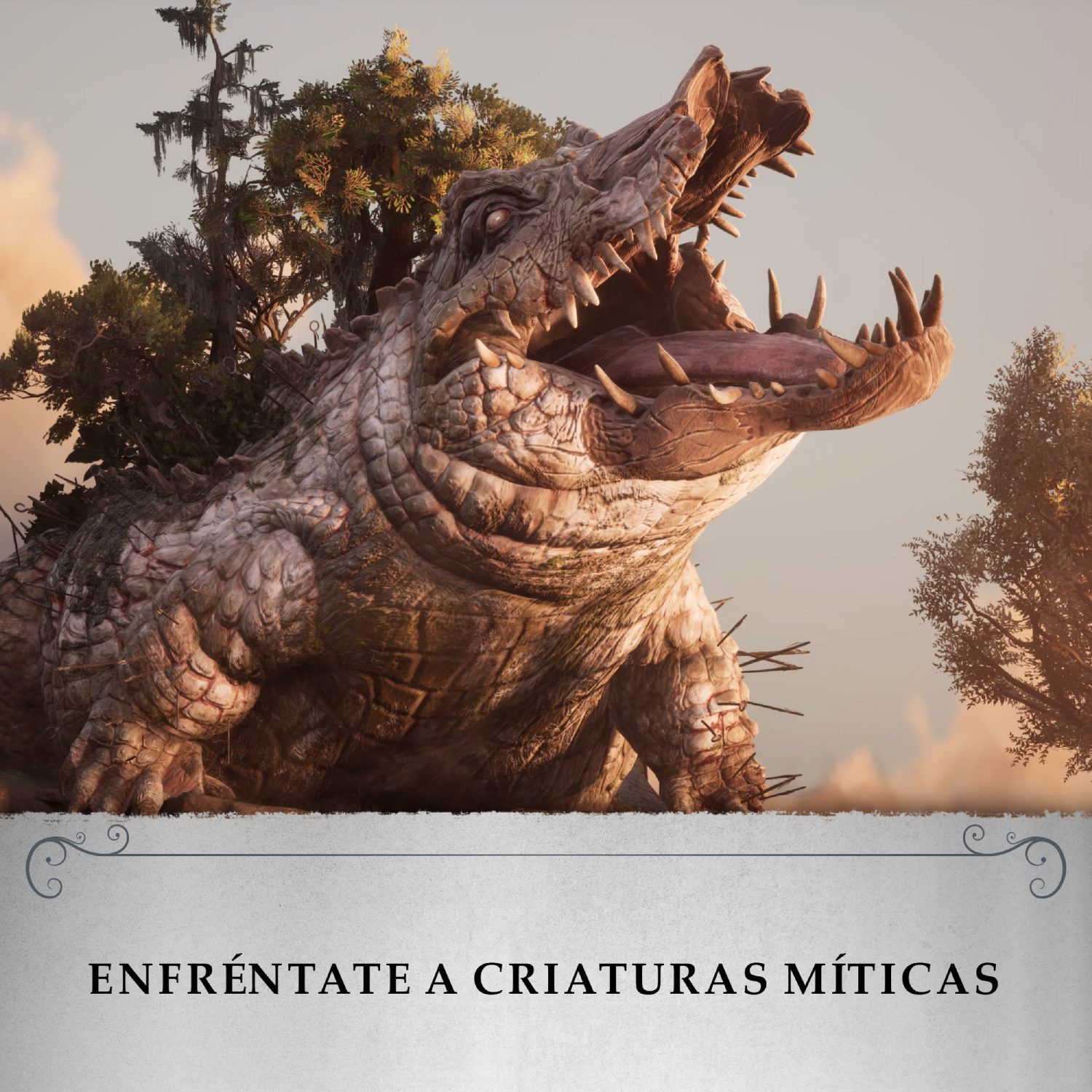 Un cocodrilo gigante con la boca abierta, con un telón de fondo de paisaje.