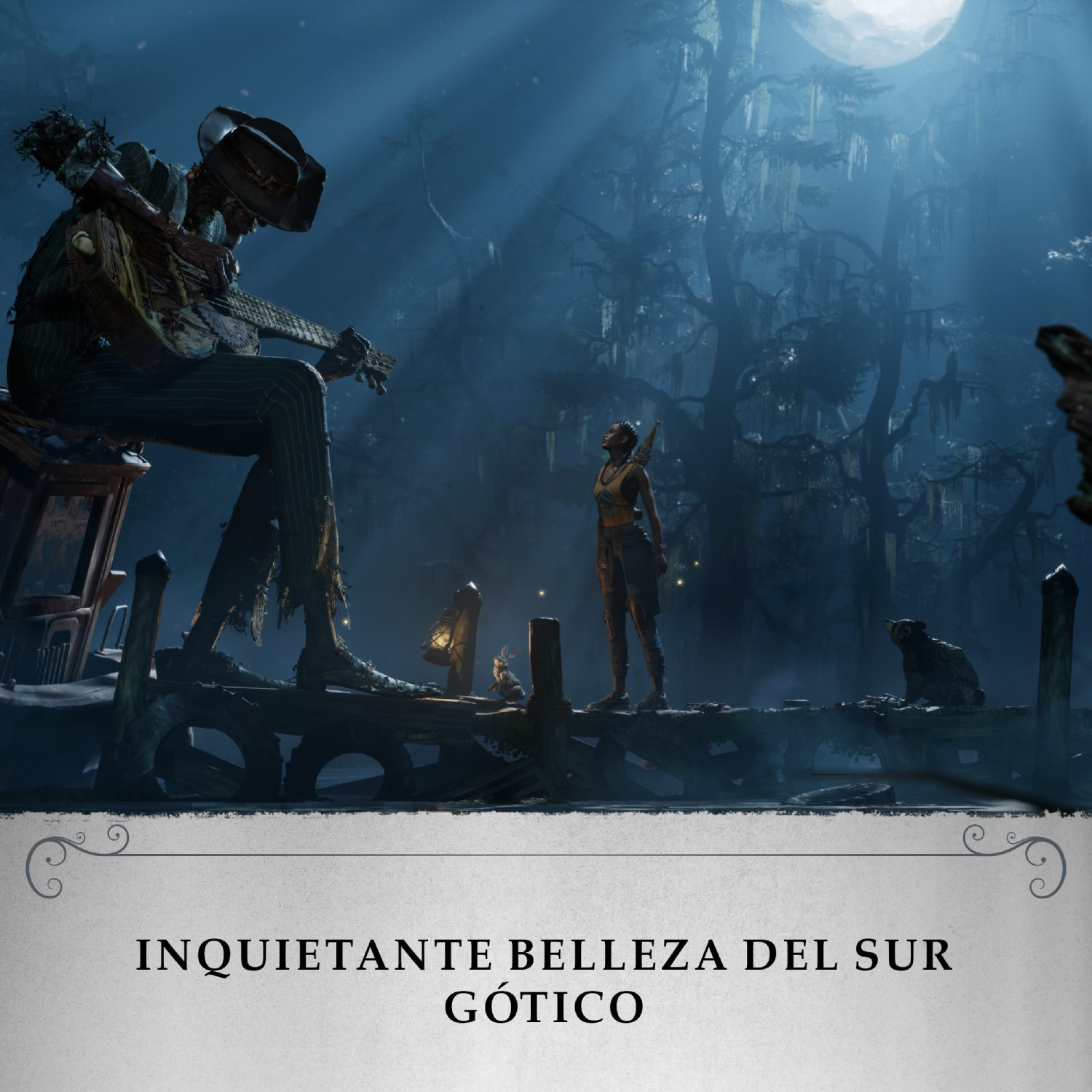 Obra digital de una escena de pantano gótico con una figura tocando la guitarra.