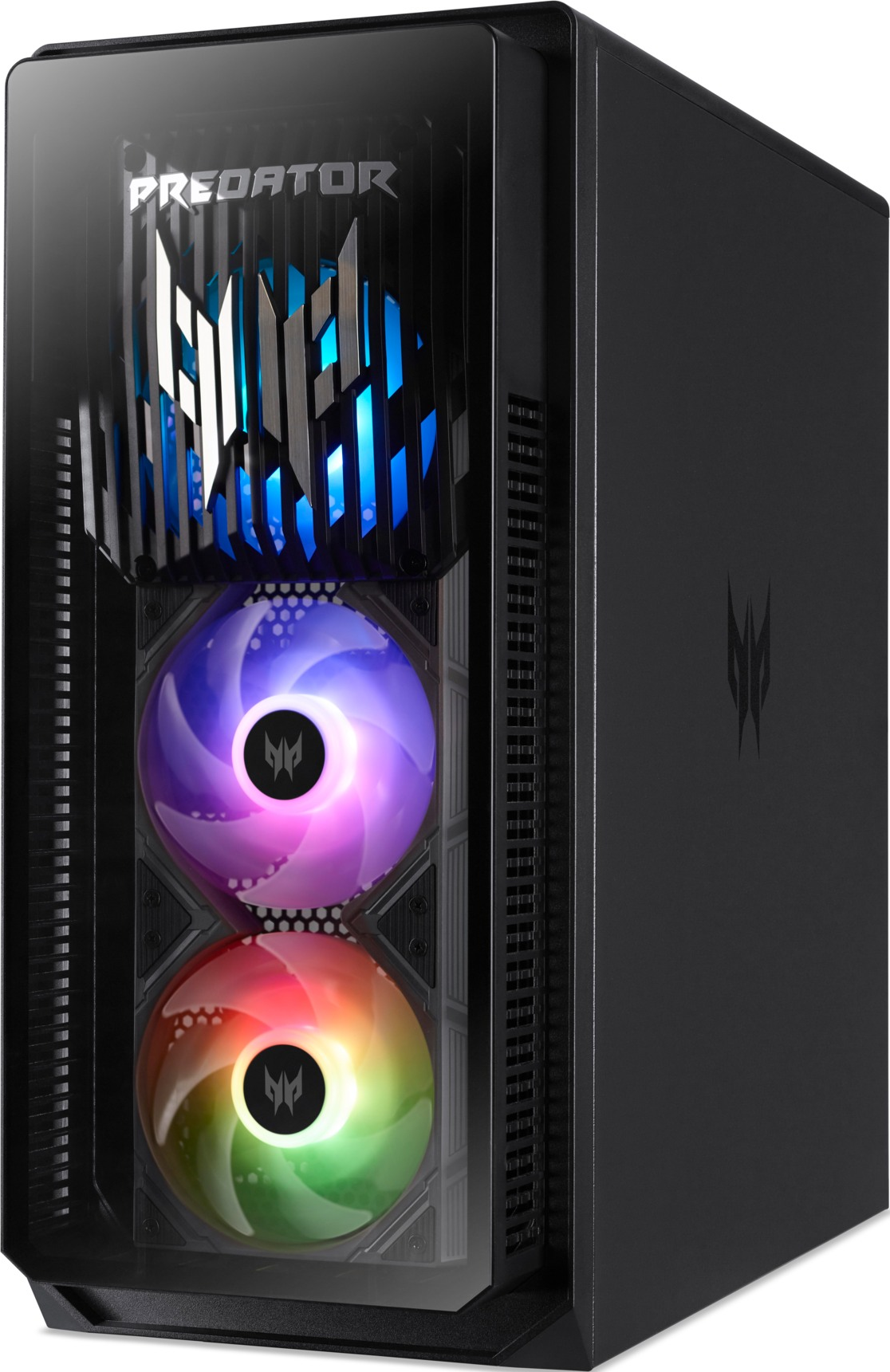 Gaming-Computergehäuse, Draufsicht, mit RGB-Lüftern und Lichtern.