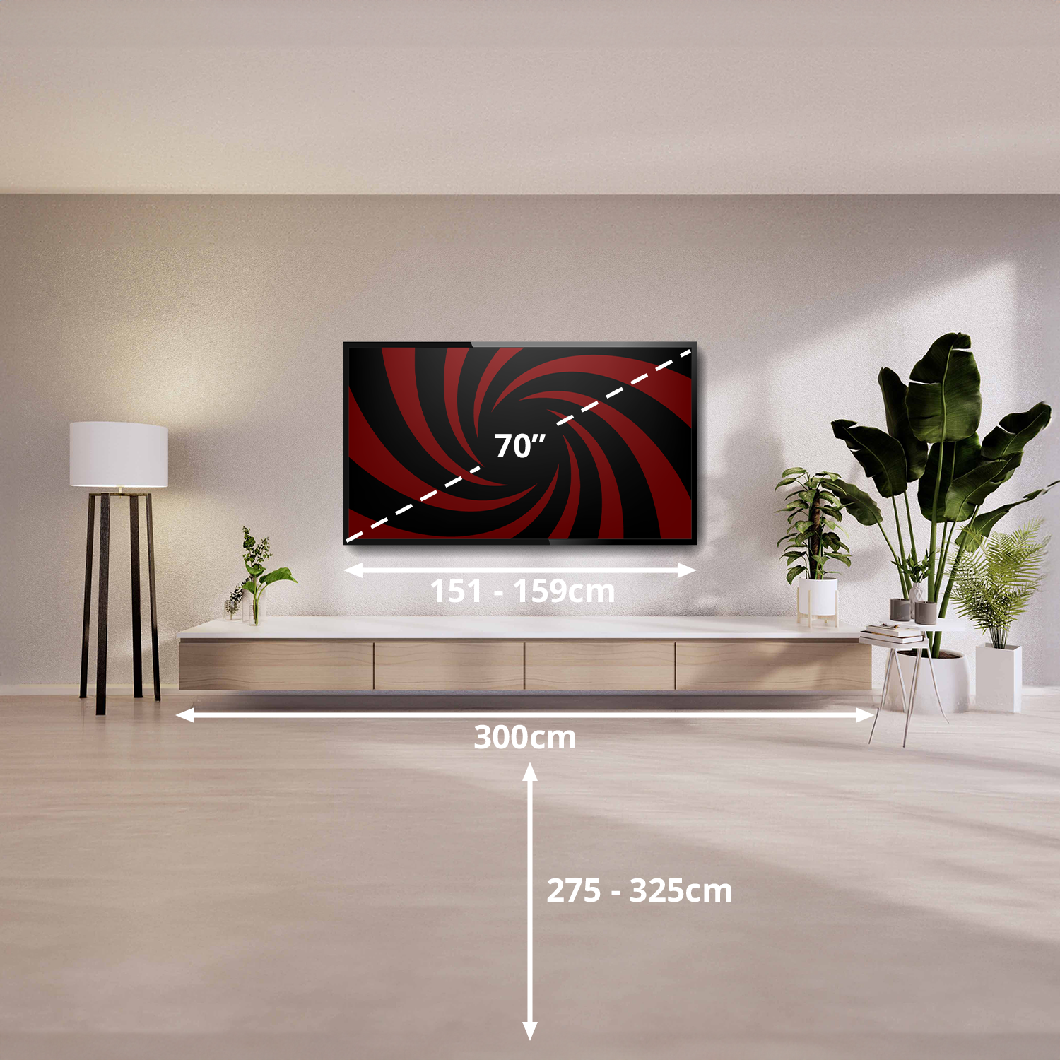 Telewizor 70 cali na ścianie z roślinami i meblami, ze strzałkami i wymiarami.